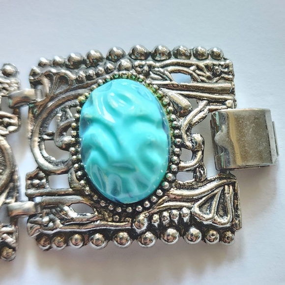 Vintage Faux Turquoise Filigree Bracelet - Picture 4 of 10